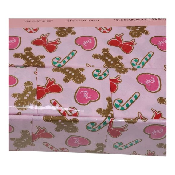 Juicy Couture Queen Sheet Set Candy Cane & Gingerbread 4 Pillowcases Polyester - Picture 2 of 7